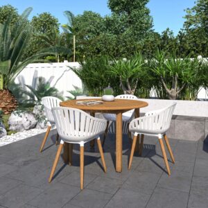 Urban Elements Nature 5-Piece Wood Patio Furniture Set | Teak Finish 100% FSC Eucalyptus | Backyard, Outside Table and Chairs, Round Outdoor Dining Set for 4, Patio Dining Set for 4 (White)