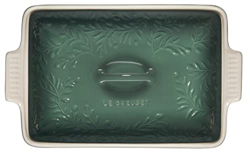 Le Creuset Olive Branch Collection Stoneware Heritage Covered Rectangular Casserole, 4 qt., Artichaut with Embossed Lid