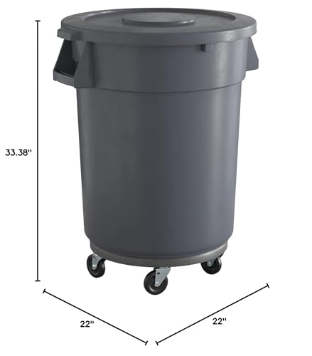 Krollen Industrial 32 Gallon Gray Round Commercial Trash Can with Lid and Dolly