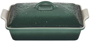 le creuset olive branch collection stoneware heritage covered rectangular casserole, 4 qt., artichaut with embossed lid