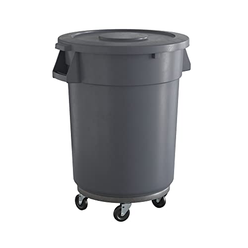 Krollen Industrial 32 Gallon Gray Round Commercial Trash Can with Lid and Dolly