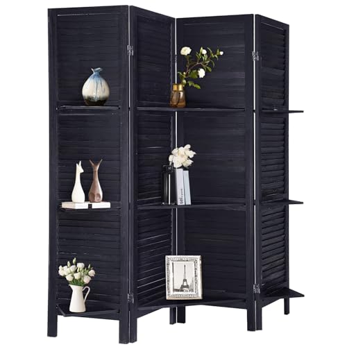 RHF 4 Panel Room Divider Room Dividers and Folding Privacy Screens,5.6 Ft Tall Privacy Screen Wood Room Divider Wall Partition with Shelves (Black, 4 Panel)