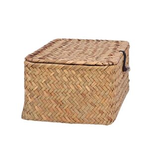 Seagrass Storage Basket, Rectangular Seagrass Basket, Natural Seagrass Storage Basket Woven Rectangular Shelf Basket Bins with Lids Desktop Organizer Wicker Baskets for Organizing(L)