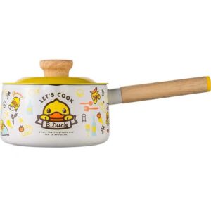 Cooker King x B. Duck 6 inch Milk Pot with Lid, Non-Stick Sauce Pan, Yellow Duck Pattern Small Cookware with Wood Handle-Yellow & White