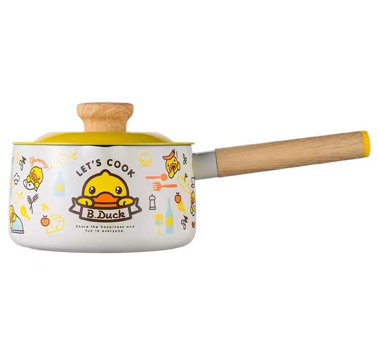 Cooker King x B. Duck 6 inch Milk Pot with Lid, Non-Stick Sauce Pan, Yellow Duck Pattern Small Cookware with Wood Handle-Yellow & White