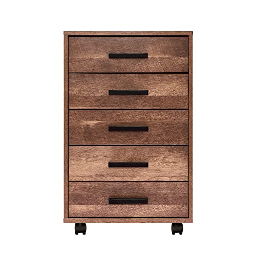 Naomi Home Parker Modern 5 Drawer Dresser Cabinet with Fashionable Handles, Swivel Casters, Small Wood Dresser for Bedroom with Industrial Design, Dressers & Chests of Drawers, Chestnut