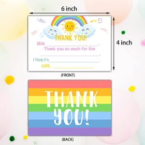 Keydaat Kids Fill in Thank You Card, Rainbow Colorful Birthday Party Thank You Notes for Boys Girls, 20 Cards With 20 Envelopes(A06)