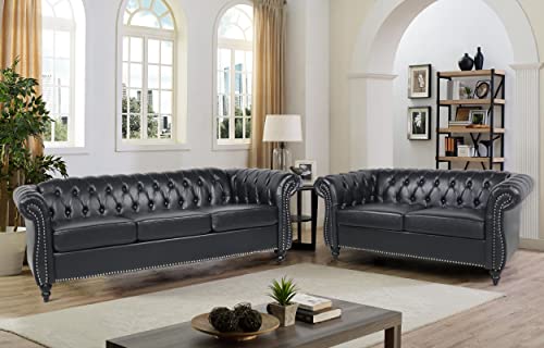 RARZOE Modern 2 Pieces Living Room Sofa Set, Contemporary Tufted Button Faux Leather Three-Seater Couch and Chesterfield Loveseat with Nailhead Trim Scroll Arms for Home Furniture (Black)