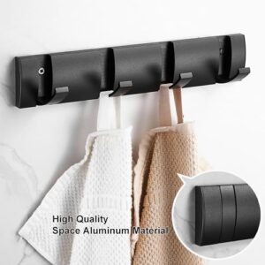 DMYMAT Wall Mounted Coat Rack with 4 Hooks, 12.5 Inch Black Modern Folding Coat Hook for Bathroom, Space Aluminum Material, Space Saving Towel Hooks for Hanging Hats, Scarves, Umbrella, and Keys