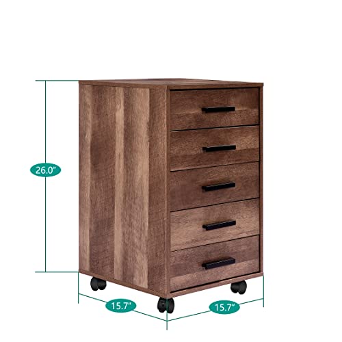 Naomi Home Parker Modern 5 Drawer Dresser Cabinet with Fashionable Handles, Swivel Casters, Small Wood Dresser for Bedroom with Industrial Design, Dressers & Chests of Drawers, Chestnut