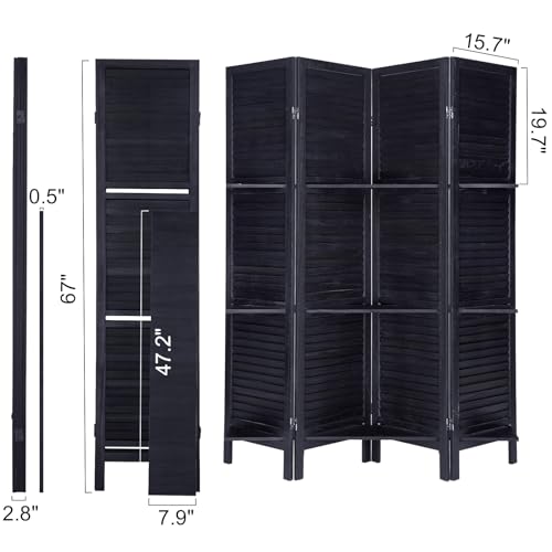 RHF 4 Panel Room Divider Room Dividers and Folding Privacy Screens,5.6 Ft Tall Privacy Screen Wood Room Divider Wall Partition with Shelves (Black, 4 Panel)