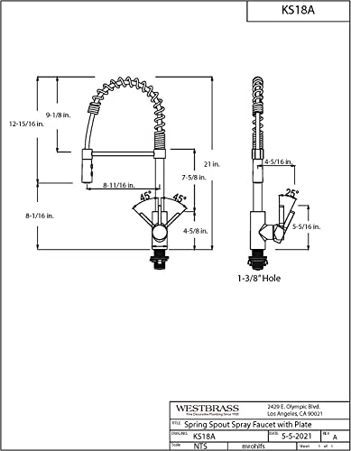 Westbrass KS18A-1220 21" Commercial Kitchen Faucet with Dual Function Open Coil Pull Down Sprayer and 1-Lever Handle, Oil Rubbed Bronze/Stainless Steel