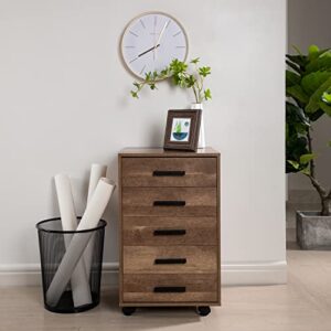 Naomi Home Parker Modern 5 Drawer Dresser Cabinet with Fashionable Handles, Swivel Casters, Small Wood Dresser for Bedroom with Industrial Design, Dressers & Chests of Drawers, Chestnut