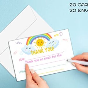 Keydaat Kids Fill in Thank You Card, Rainbow Colorful Birthday Party Thank You Notes for Boys Girls, 20 Cards With 20 Envelopes(A06)