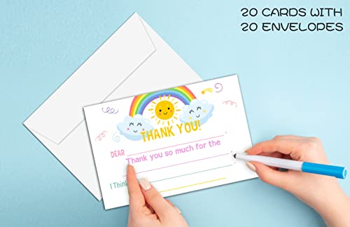 Keydaat Kids Fill in Thank You Card, Rainbow Colorful Birthday Party Thank You Notes for Boys Girls, 20 Cards With 20 Envelopes(A06)