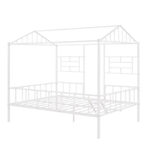 Full House Bed with Fence Railings Metal Cabin Bed Frame with Ladder Child Fun Tent Beds for Toddler Kids Boys Girls Teens, Full Size, White