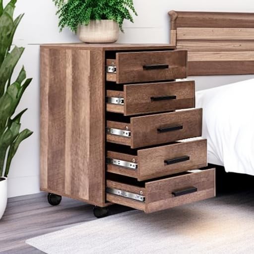 Naomi Home Parker Modern 5 Drawer Dresser Cabinet with Fashionable Handles, Swivel Casters, Small Wood Dresser for Bedroom with Industrial Design, Dressers & Chests of Drawers, Chestnut