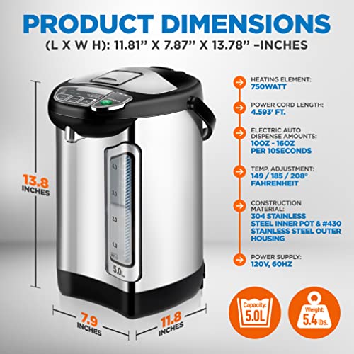 NutriChef Electric Water Boiler and Warmer - 5L/5.28 Qt Stainless Steel Hot Water Dispenser w/Rotating Base, Keep Warm Temperature Set, Auto Shut Off, Safety Lock, Instant Heating for Coffee & Tea