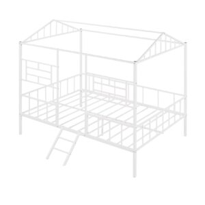 Full House Bed with Fence Railings Metal Cabin Bed Frame with Ladder Child Fun Tent Beds for Toddler Kids Boys Girls Teens, Full Size, White