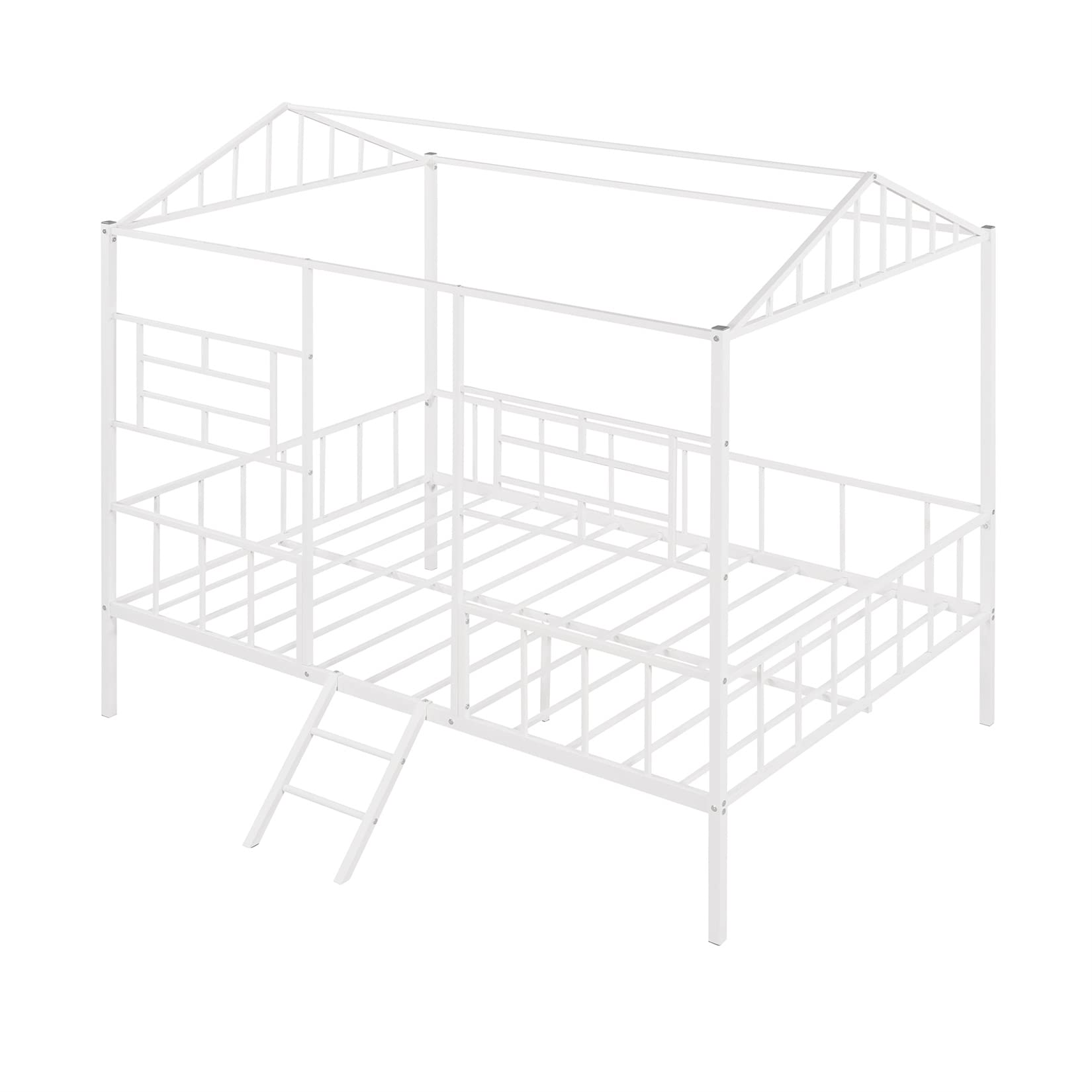 Full House Bed with Fence Railings Metal Cabin Bed Frame with Ladder Child Fun Tent Beds for Toddler Kids Boys Girls Teens, Full Size, White