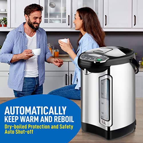 NutriChef Electric Water Boiler and Warmer - 5L/5.28 Qt Stainless Steel Hot Water Dispenser w/Rotating Base, Keep Warm Temperature Set, Auto Shut Off, Safety Lock, Instant Heating for Coffee & Tea