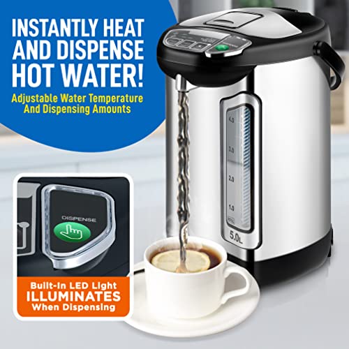 NutriChef Electric Water Boiler and Warmer - 5L/5.28 Qt Stainless Steel Hot Water Dispenser w/Rotating Base, Keep Warm Temperature Set, Auto Shut Off, Safety Lock, Instant Heating for Coffee & Tea