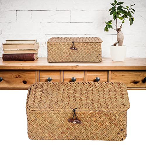 Seagrass Storage Basket, Rectangular Seagrass Basket, Natural Seagrass Storage Basket Woven Rectangular Shelf Basket Bins with Lids Desktop Organizer Wicker Baskets for Organizing(L)