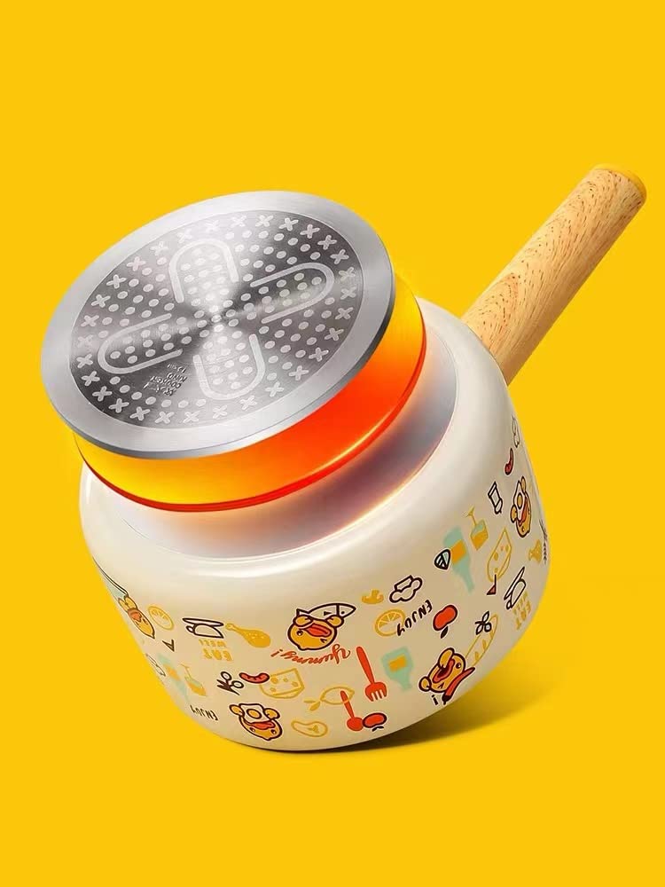 Cooker King x B. Duck 6 inch Milk Pot with Lid, Non-Stick Sauce Pan, Yellow Duck Pattern Small Cookware with Wood Handle-Yellow & White