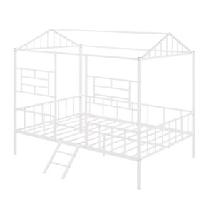 Full House Bed with Fence Railings Metal Cabin Bed Frame with Ladder Child Fun Tent Beds for Toddler Kids Boys Girls Teens, Full Size, White