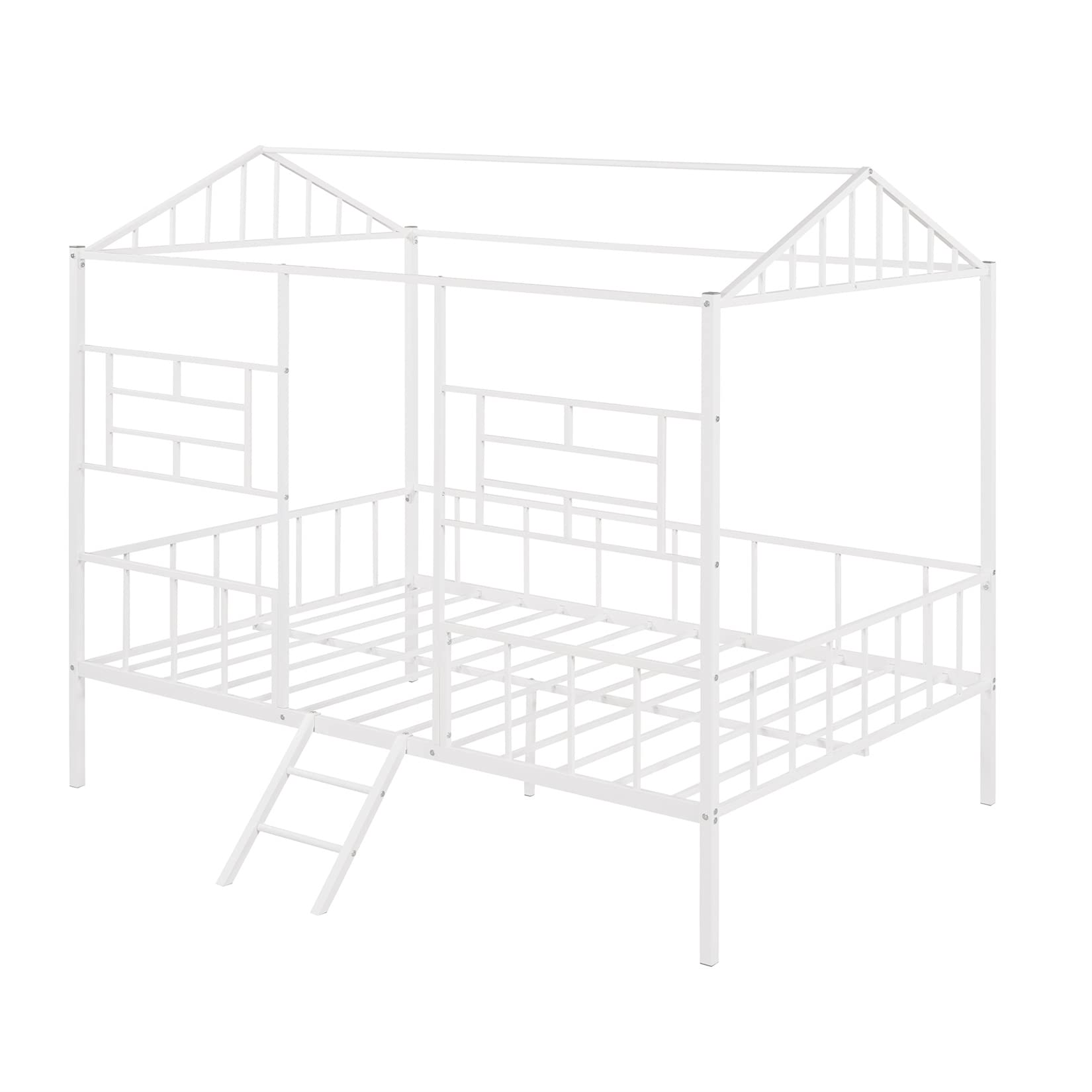 Full House Bed with Fence Railings Metal Cabin Bed Frame with Ladder Child Fun Tent Beds for Toddler Kids Boys Girls Teens, Full Size, White