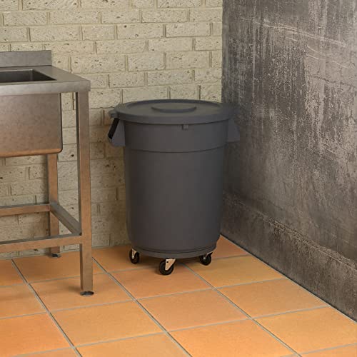 Krollen Industrial 32 Gallon Gray Round Commercial Trash Can with Lid and Dolly