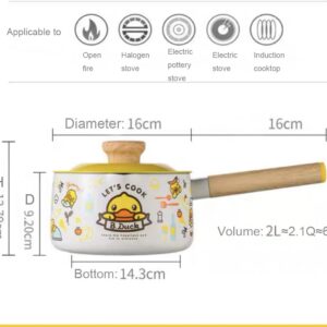 Cooker King x B. Duck 6 inch Milk Pot with Lid, Non-Stick Sauce Pan, Yellow Duck Pattern Small Cookware with Wood Handle-Yellow & White