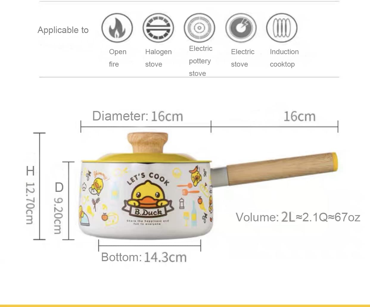 Cooker King x B. Duck 6 inch Milk Pot with Lid, Non-Stick Sauce Pan, Yellow Duck Pattern Small Cookware with Wood Handle-Yellow & White