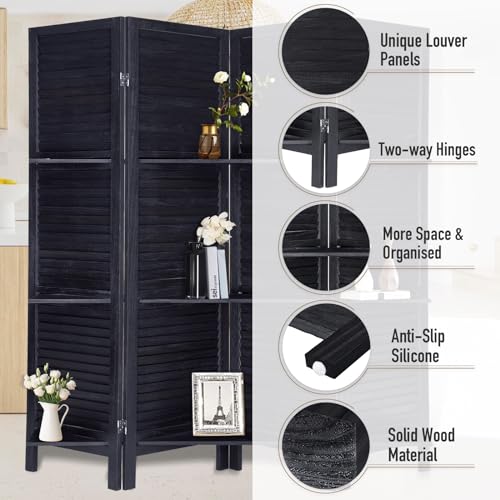 RHF 4 Panel Room Divider Room Dividers and Folding Privacy Screens,5.6 Ft Tall Privacy Screen Wood Room Divider Wall Partition with Shelves (Black, 4 Panel)