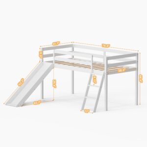 TOLEAD Low Loft Bed with Slide, Wood Twin Loft Bed Frame with Climbing Ladder & Storage Space for Kids Toddler (White)