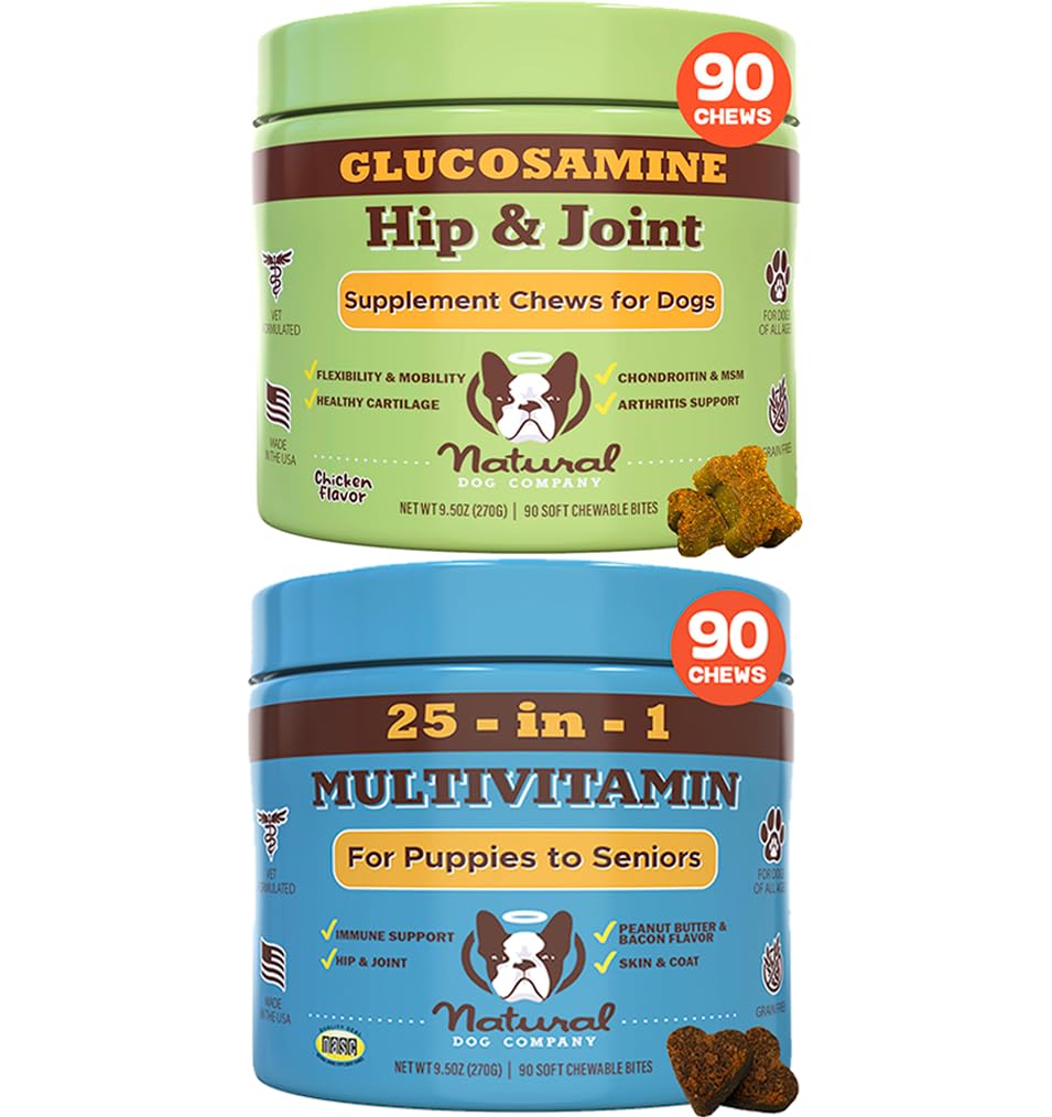 Natural Dog Company Dog Supplements for Seniors & Active Dogs - Multivitamin Chews & Hip & Joint Relief - Complete Nutritional Support for Joint Health, Vitamins for Dogs, Energy, & Vitality