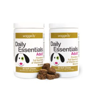 waggedy daily essentials adult soft chews — dog multivitamin & immune system supporter — dog nutritional supplement — small/large dog supplements & vitamins (120 chews)