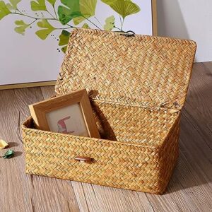 Seagrass Storage Basket, Rectangular Seagrass Basket, Natural Seagrass Storage Basket Woven Rectangular Shelf Basket Bins with Lids Desktop Organizer Wicker Baskets for Organizing(L)