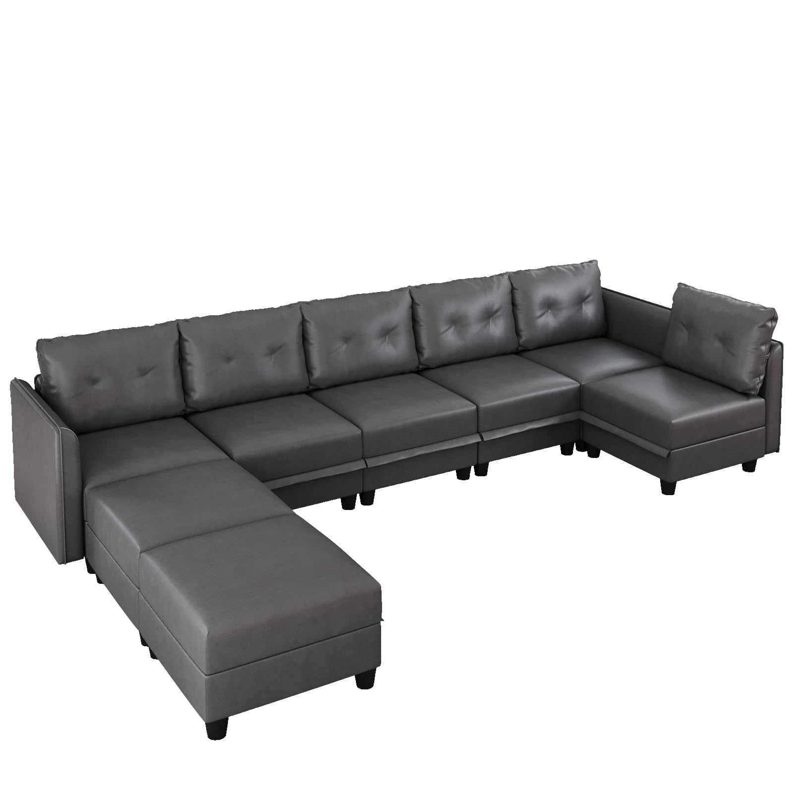 LLappuil Modular Sectional Sofa with Reversible Chaise, U Shaped Couch with Storage, Modern Faux Leather Fabric Sofa with Ottoman, Oversized Sectionals for Living Room, 8 Seat, Dark Grey