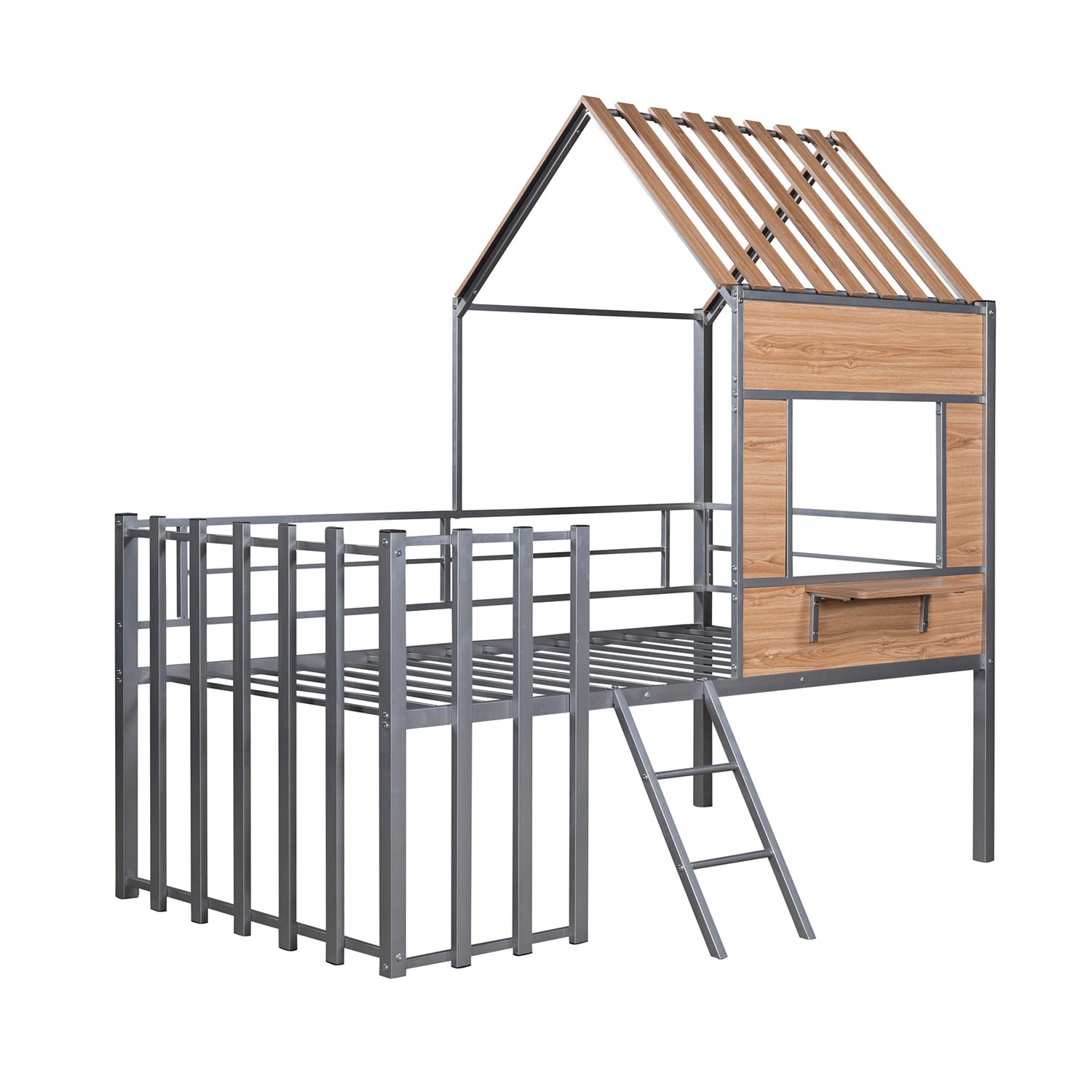 Bellemave Twin House Beds Low Loft Bed Frames Metal Toddler Tree House Bed with Windows and Roof for Kids Teens Girls Boys, Silver