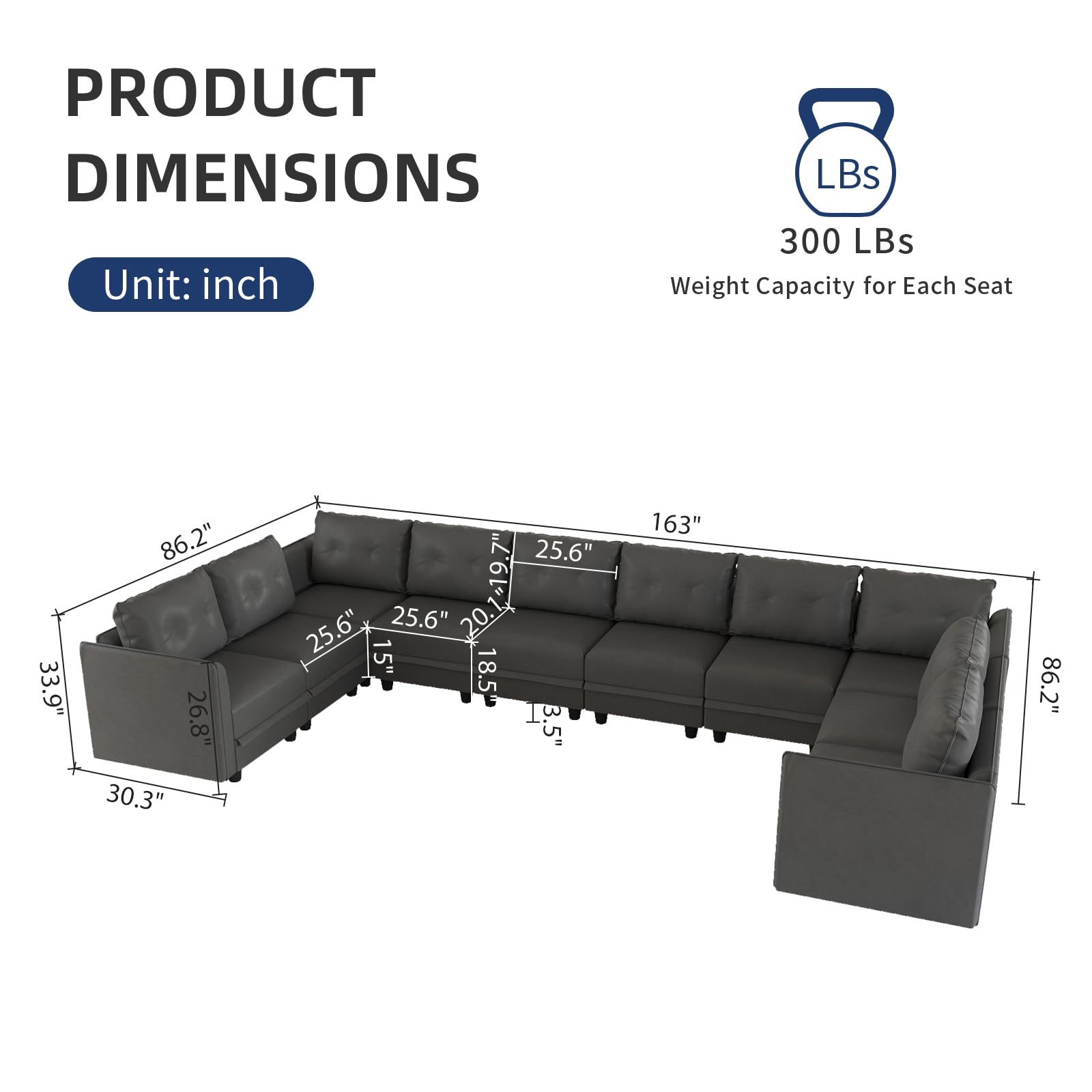 LLappuil Oversized Modular Sectional Sofa, Convertible U Shaped Sofa with Storage, Large Sectional Couch for Living Room, Faux Leather Fabric Waterproof Sofa, 10 Seat, Dark Grey