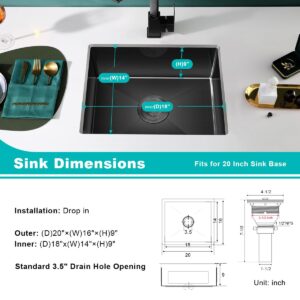 TSIBOMU 20 x 16 Inch Undermount Kitchen Sink, 304 Stainless Steel Single Bowl Small Kitchen Bar Sink Undermount, Brushed Nickel