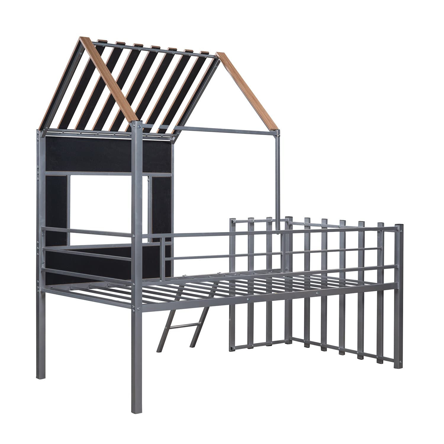 Bellemave Twin House Beds Low Loft Bed Frames Metal Toddler Tree House Bed with Windows and Roof for Kids Teens Girls Boys, Silver