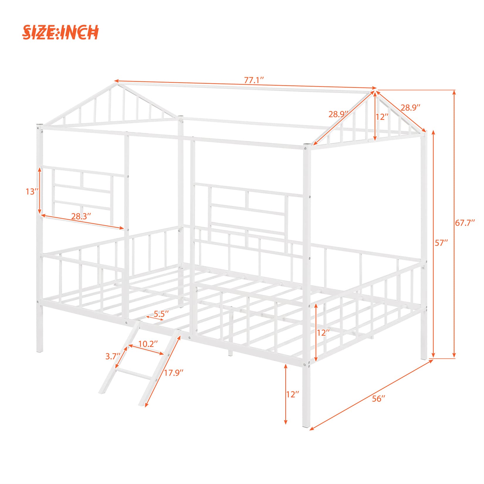 Full House Bed with Fence Railings Metal Cabin Bed Frame with Ladder Child Fun Tent Beds for Toddler Kids Boys Girls Teens, Full Size, White