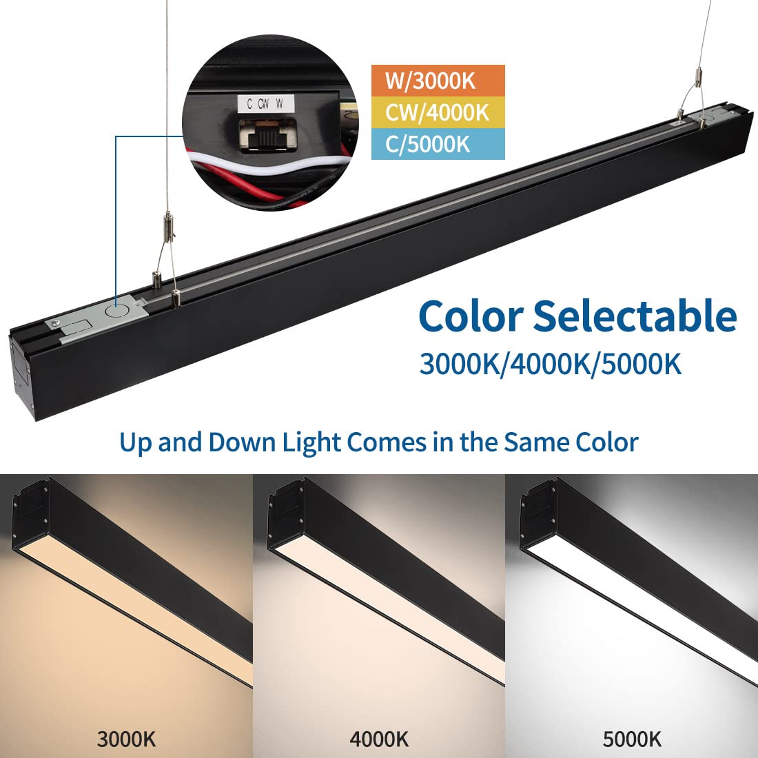 DAKASON 4FT Linkable LED Linear Light, 35W Down and 15W Up Light, 3/4/5000K CCT Selectable, Commercial Linear Lighting Fixture for Office, Dimmable Suspended Lighting for School 4Pack Black