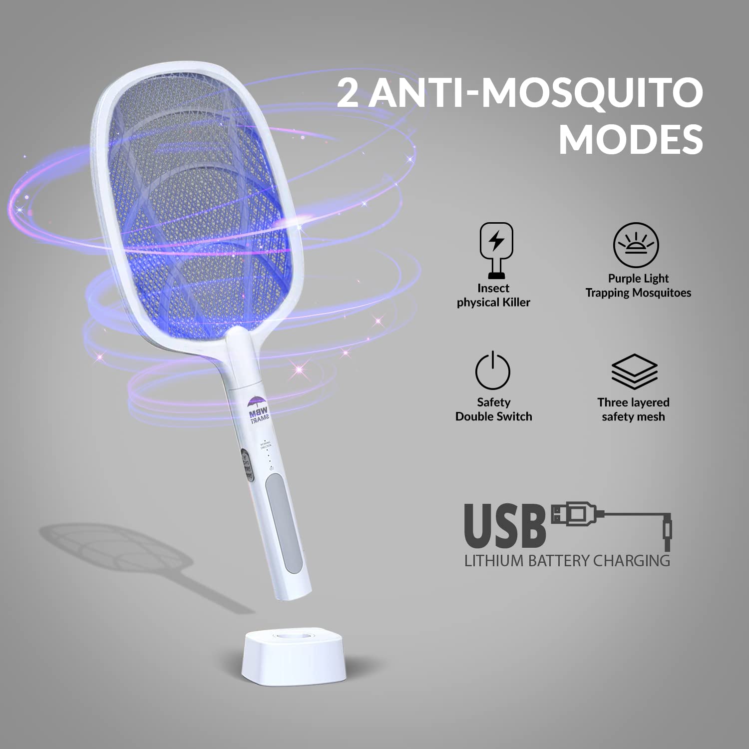 2 in 1 Electric Bug Zapper, Mosquitoes Trap Lamp & Racket, USB Rechargeable Electric Fly Swatter for Home and Outdoor Powerful Grid 3-Layer Safety Mesh Safe to Touch, Pack of 4