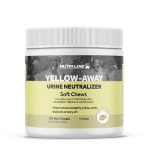 nutriline labs yellow-away dog urine neutralizer for lawn - helps balance pee ph - dog supplement with vitamin b blend, probiotics, cranberry fiber, dl-methionine, yuca - beef flavor, 120 soft chews