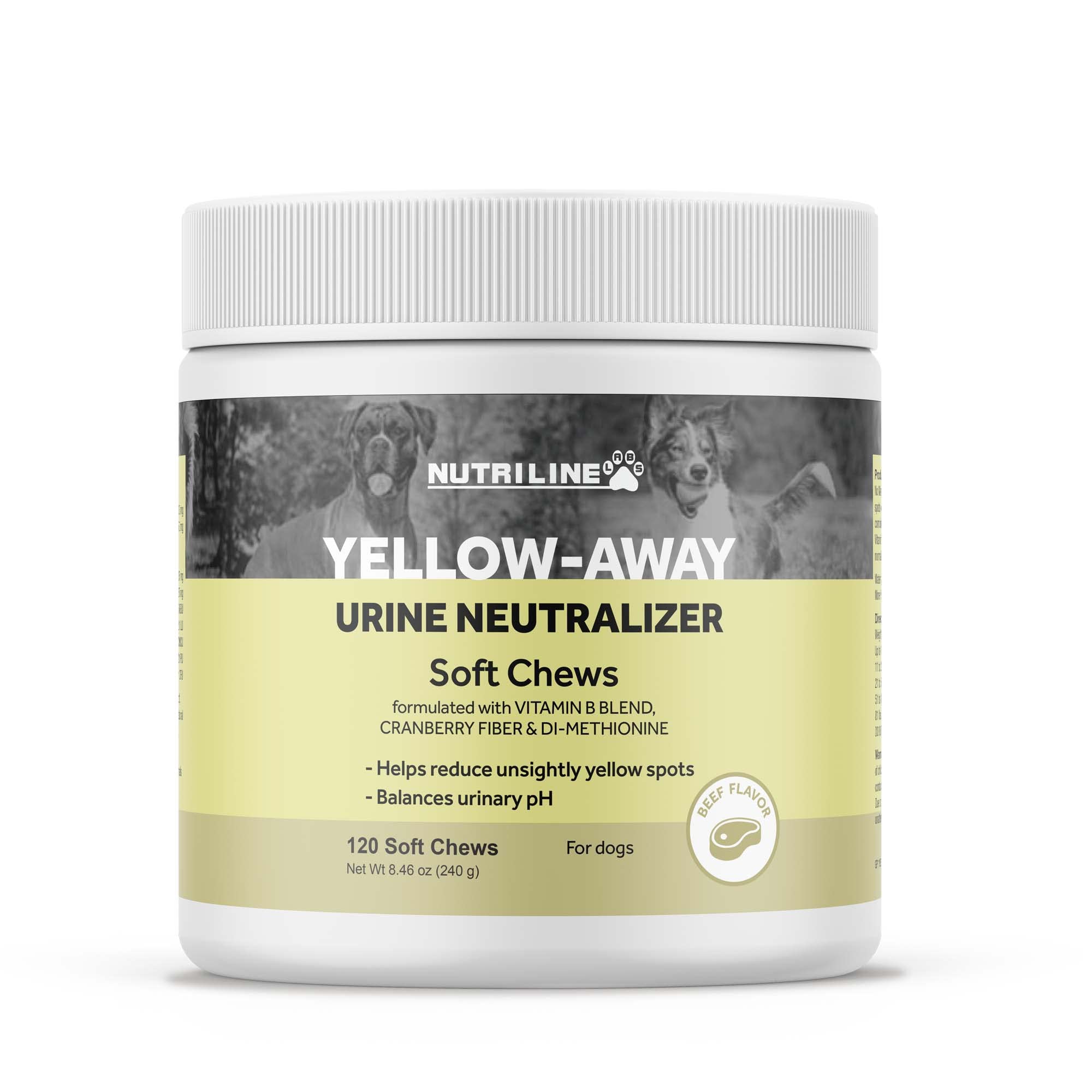 Nutriline Labs Yellow-Away Dog Urine Neutralizer for Lawn - Helps Balance Pee pH - Dog Supplement with Vitamin B Blend, Probiotics, Cranberry Fiber, DL-Methionine, Yuca - Beef Flavor, 120 Soft Chews