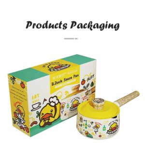 Cooker King x B. Duck 6 inch Milk Pot with Lid, Non-Stick Sauce Pan, Yellow Duck Pattern Small Cookware with Wood Handle-Yellow & White