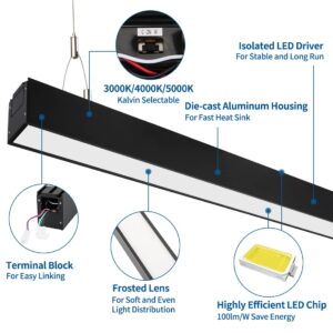 DAKASON 4FT Linkable LED Linear Light, 35W Down and 15W Up Light, 3/4/5000K CCT Selectable, Commercial Linear Lighting Fixture for Office, Dimmable Suspended Lighting for School 4Pack Black